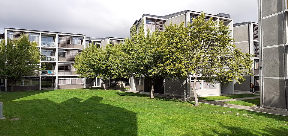 The grounds of Ilam Apartments in Christchurch, photographed in 2019.
