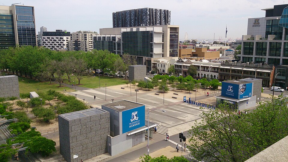 University Square, looking towards Melbourne Law School and surrounding university buildings.