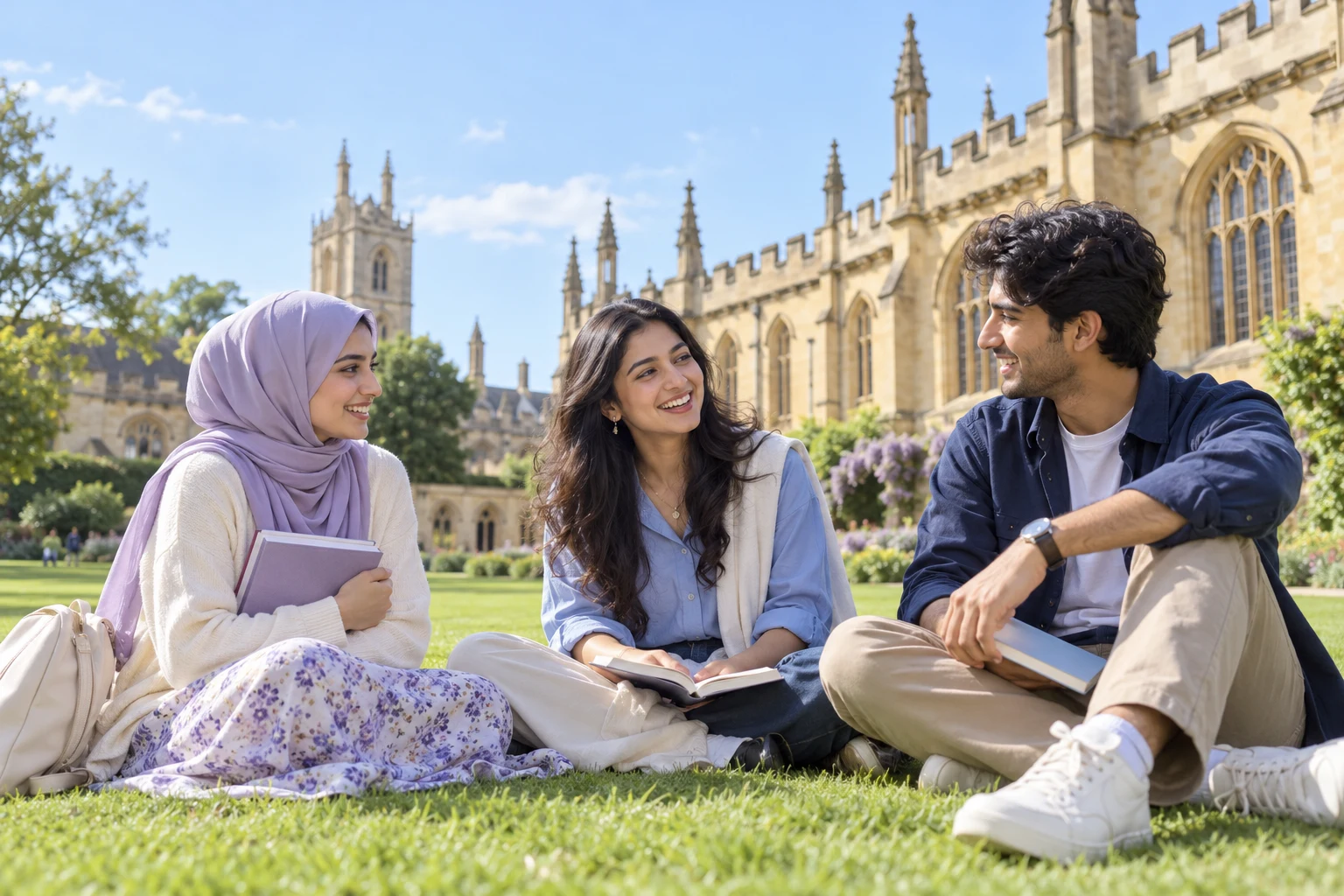 Illustrative image of students sharing ideas on a university lawn